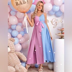 NWOT SHEIN Maternity Size L Pink Blue Color Block Slit Maxi Elegant Cami Dress